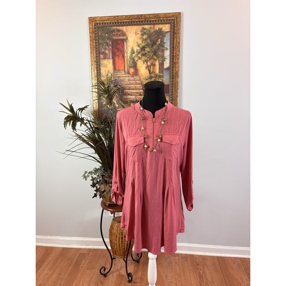 Gnu Women's Size Large Long Sleeve Peasant Top Boho Pink Roll Tab Sleeve Pleated - Picture 1 of 11